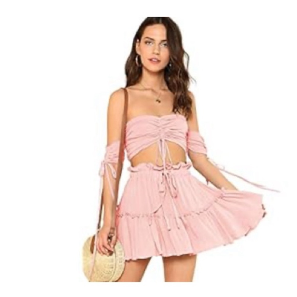 Amazon Two Piece Off Shoulder Drawstring Crop Top and Skirt Set